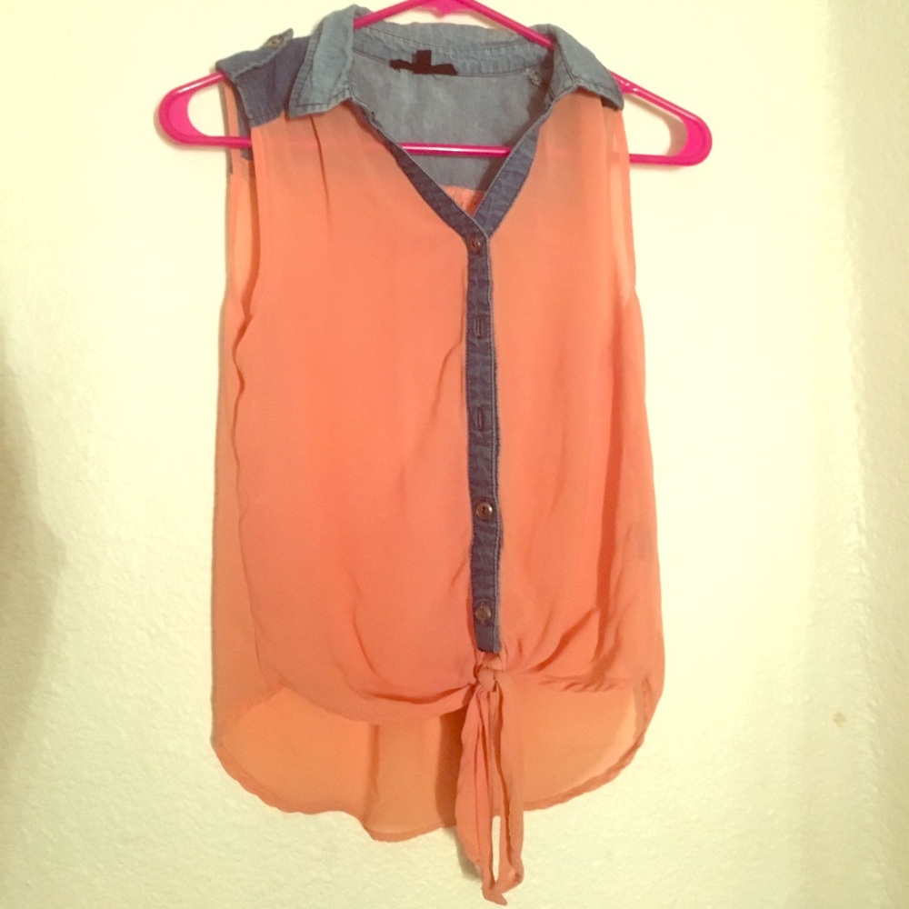 🩷5 for $25 sale Denim &‎ orange sleeveless button up! SM